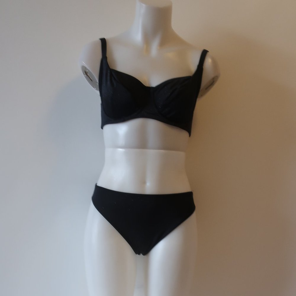 Womens Footprints Black Metallic 2Pc Underwire Bikini Swimsuit Cup/30E Bottom/S*